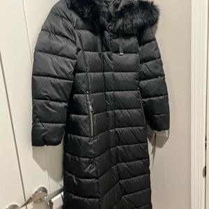 Tahari Black Puffer Coat with Faux Fur Hood